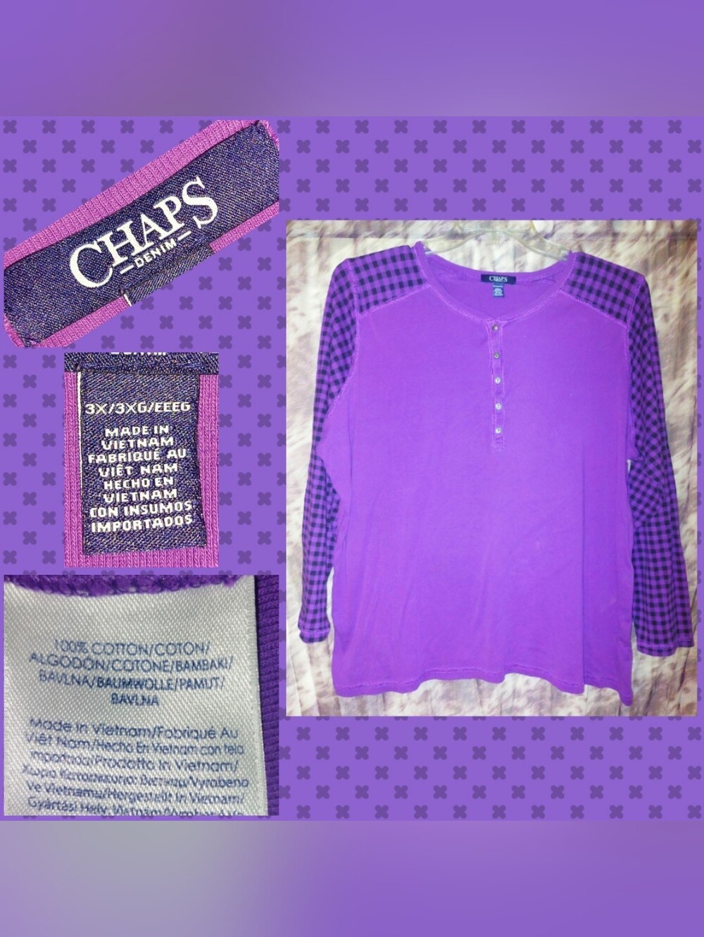 Chaps brand Purple & Black w/Checkered Raglan Sleeves Soft Knit Top 3X(20/22/24)